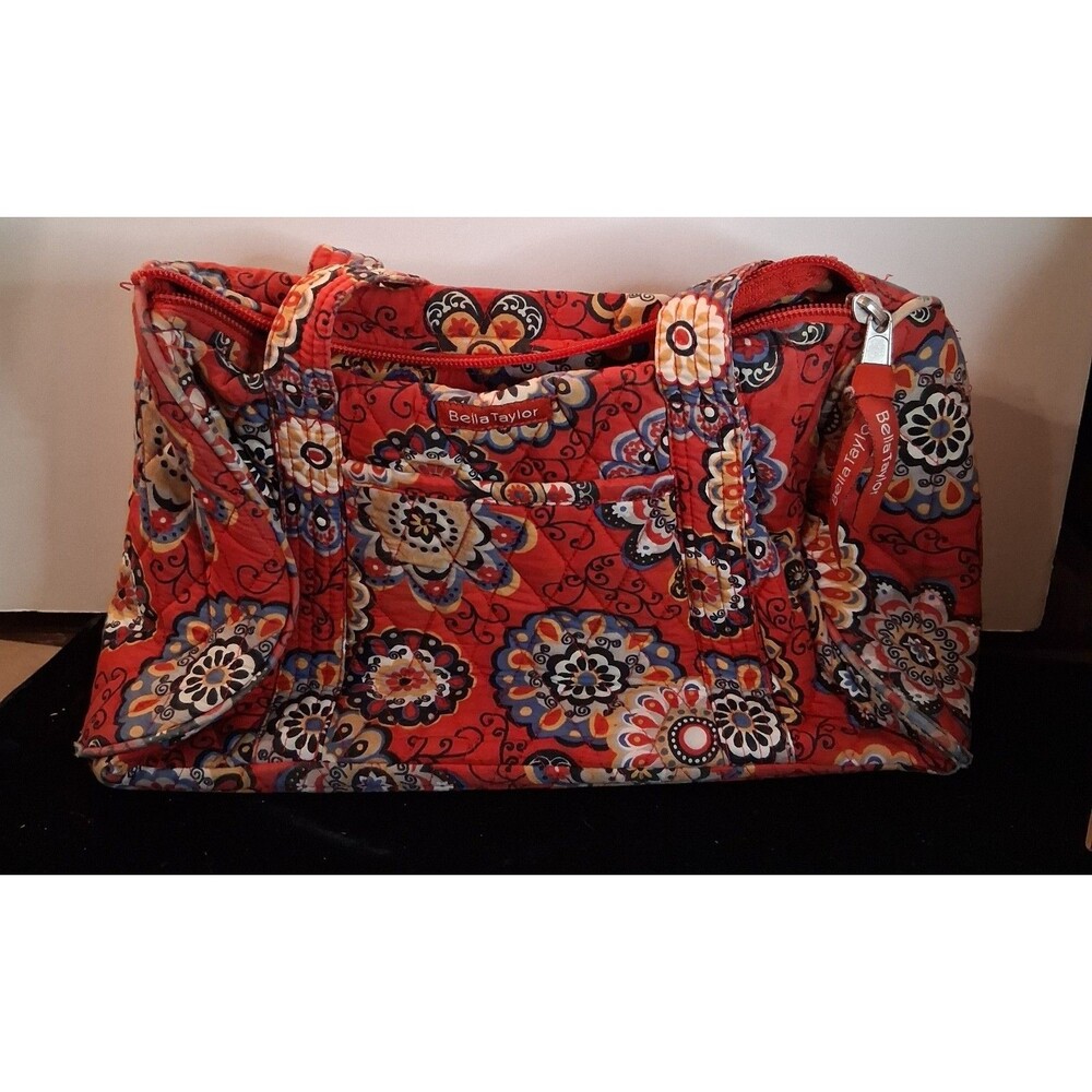 Bella Taylor Quilted Fabric Handbag Purse Crossbody Red Floral Long Strap Clean